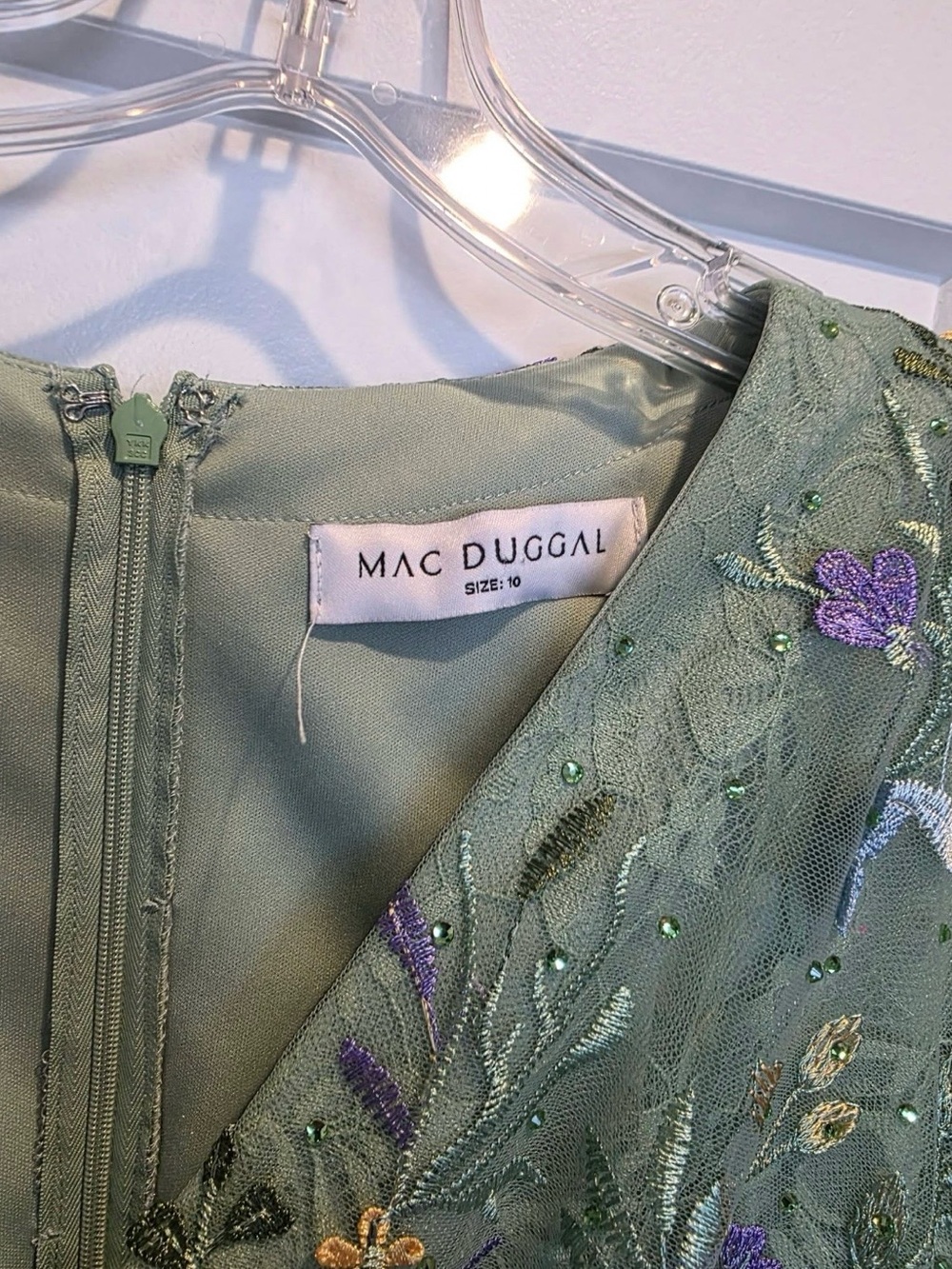 Mac Duggal Sage Green Embroidered MOB/MOG dress.